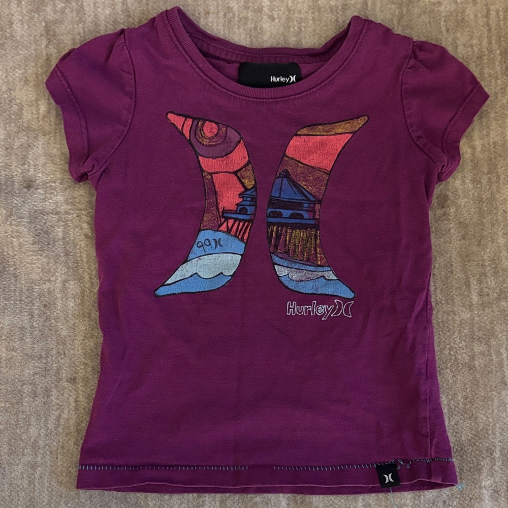 Vintage Hurley Kids Short Sleeve Tee in Purple with Graphic